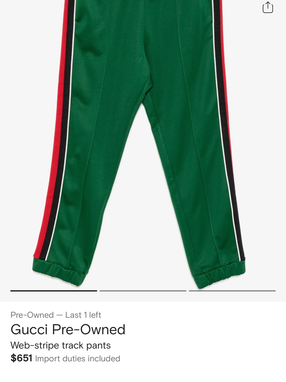 Women’s petite XS Gucci Green Track Pants with Red and Black Side Stripes